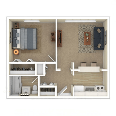 Floor plan for 1 bed, 1 bath, 648 sqft